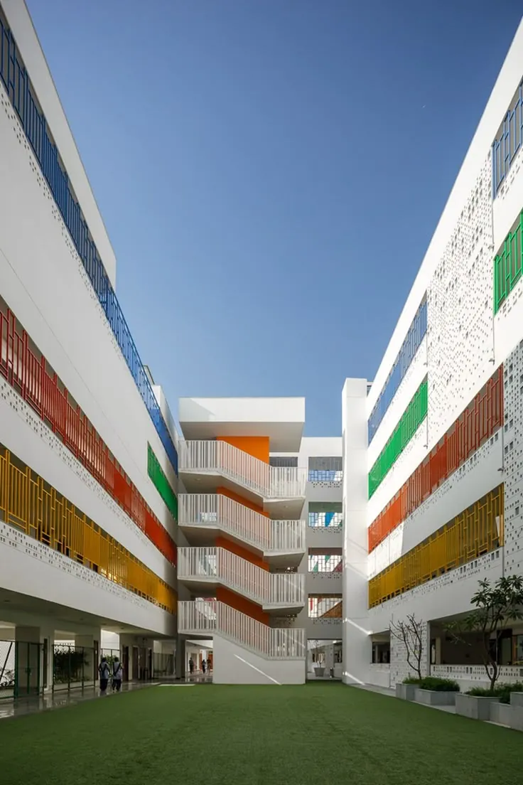 Open courtyard and green space between classroom blocks